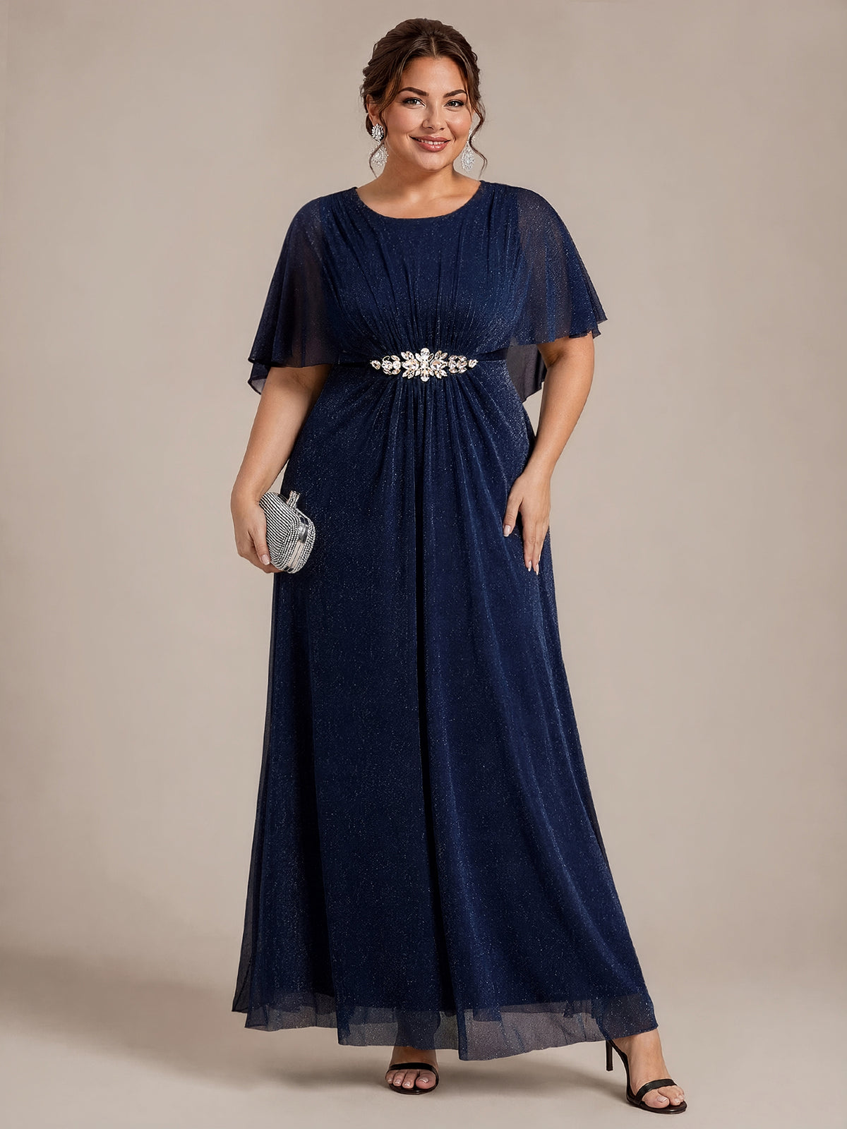 EM02876NB | Cape Sleeve Lurex Mesh A-line Floor Length Mother of the Bride Dress