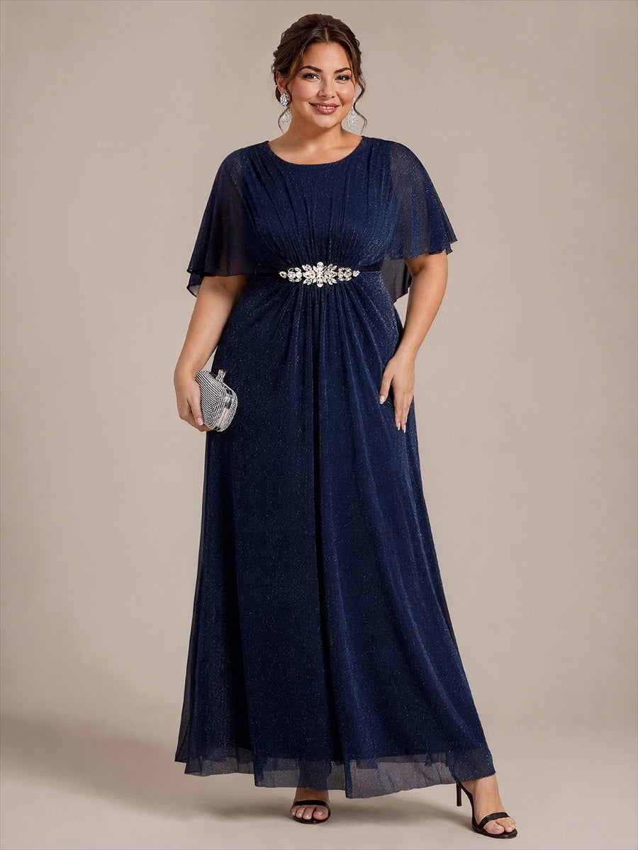 EM02876NB | Cape Sleeve Lurex Mesh A-line Floor Length Mother of the Bride Dress
