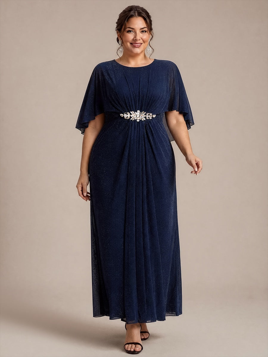 EM02876NB | Cape Sleeve Lurex Mesh A-line Floor Length Mother of the Bride Dress