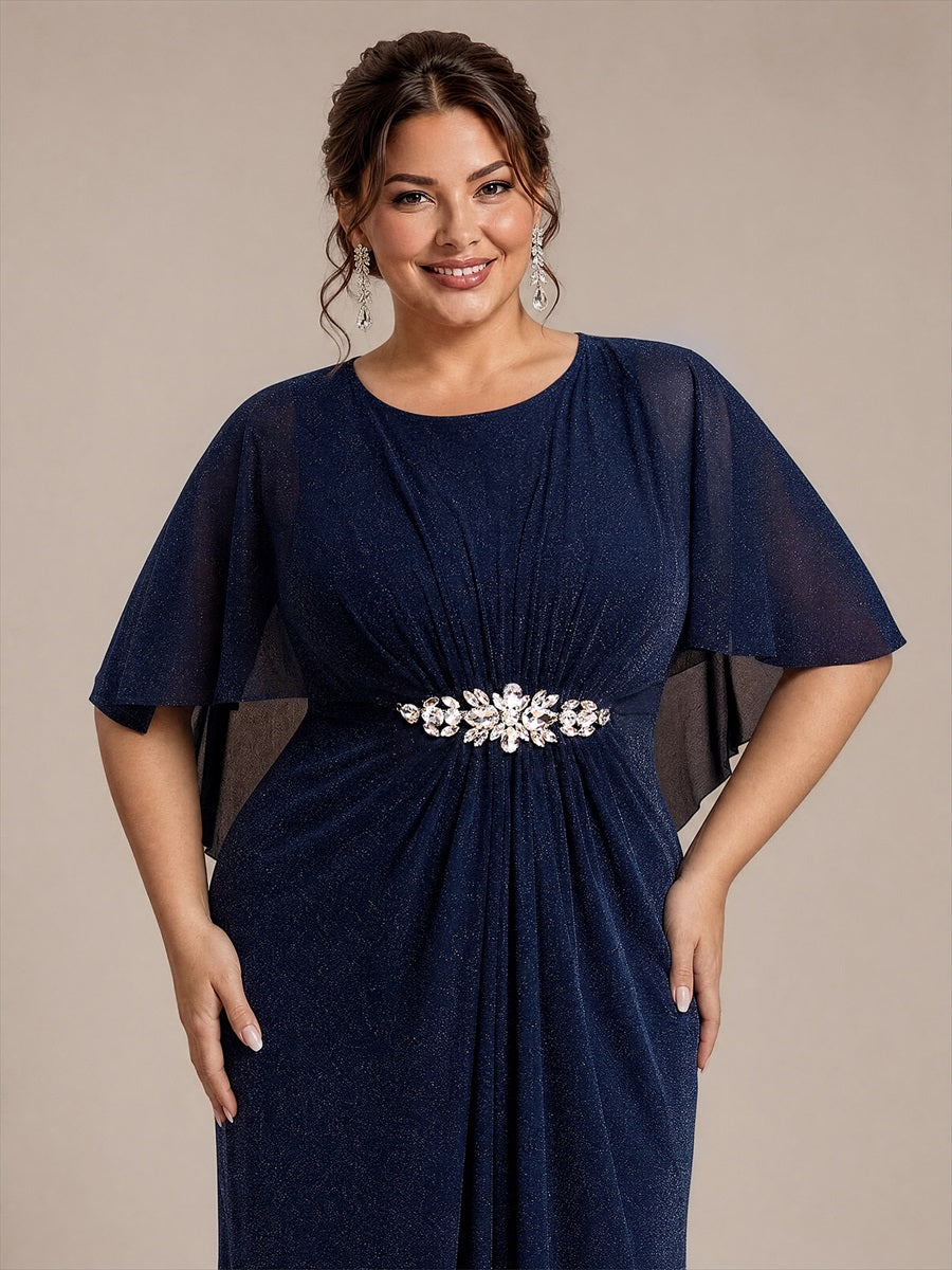 EM02876NB | Cape Sleeve Lurex Mesh A-line Floor Length Mother of the Bride Dress