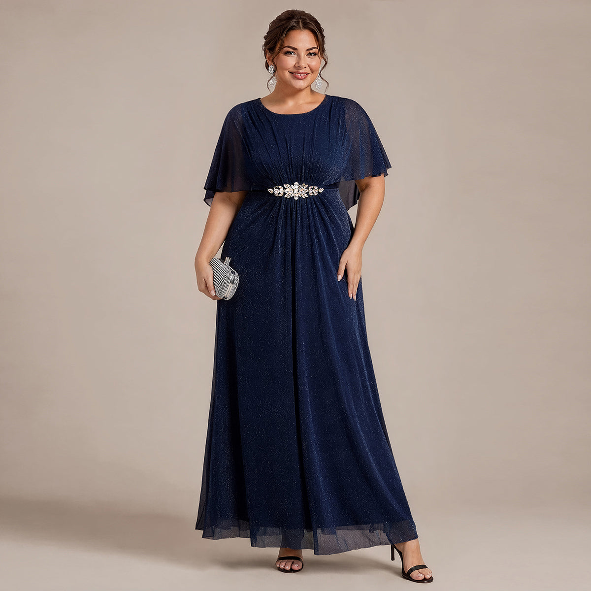 EM02876NB | Cape Sleeve Lurex Mesh A-line Floor Length Mother of the Bride Dress