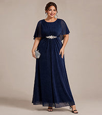 EM02876NB | Cape Sleeve Lurex Mesh A-line Floor Length Mother of the Bride Dress