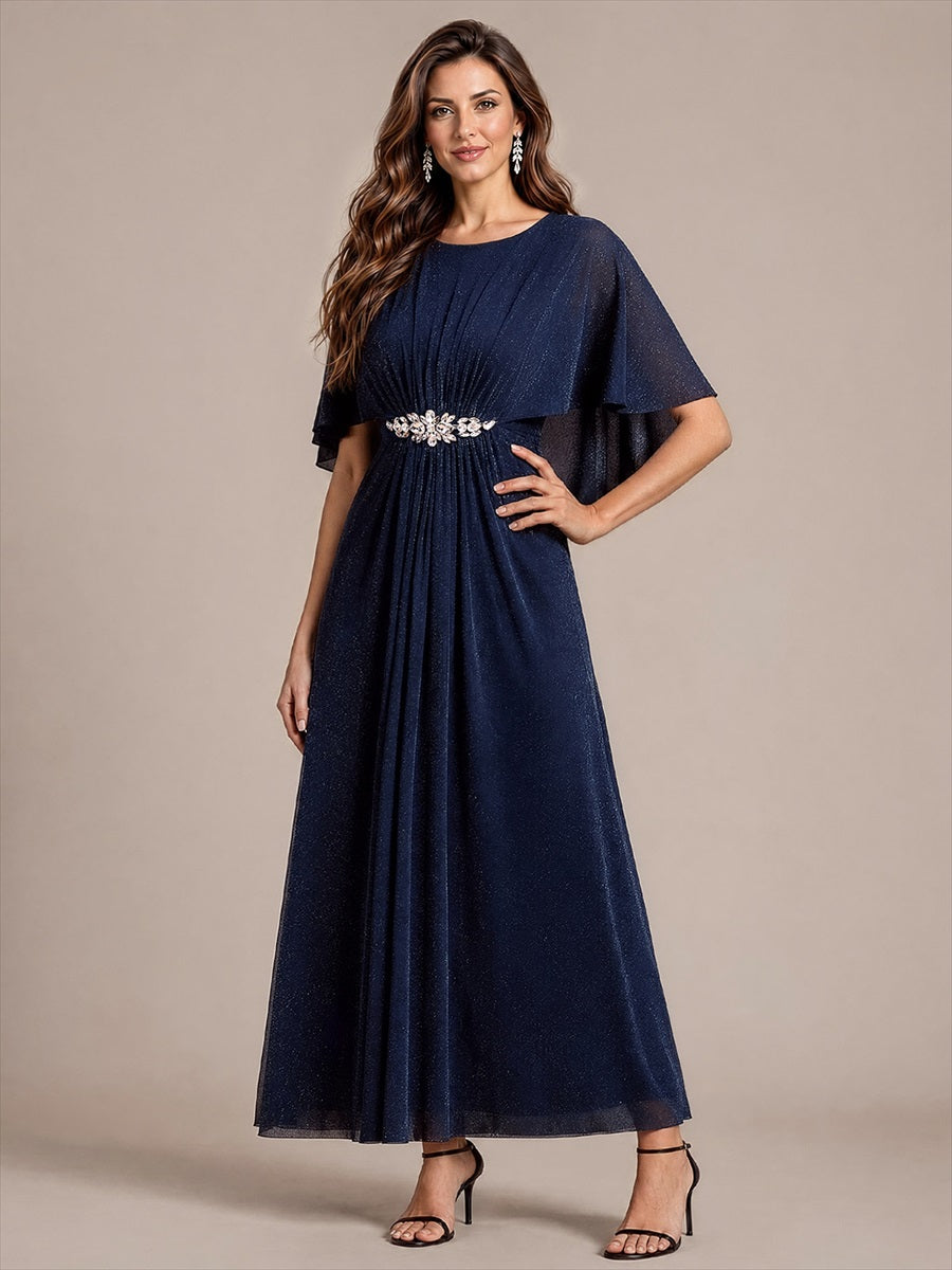 EM02876NB | Cape Sleeve Lurex Mesh A-line Floor Length Mother of the Bride Dress