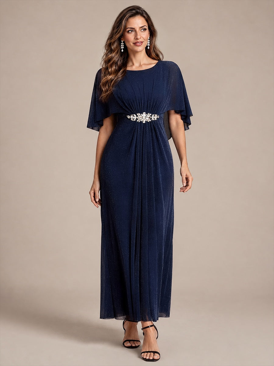 EM02876NB | Cape Sleeve Lurex Mesh A-line Floor Length Mother of the Bride Dress