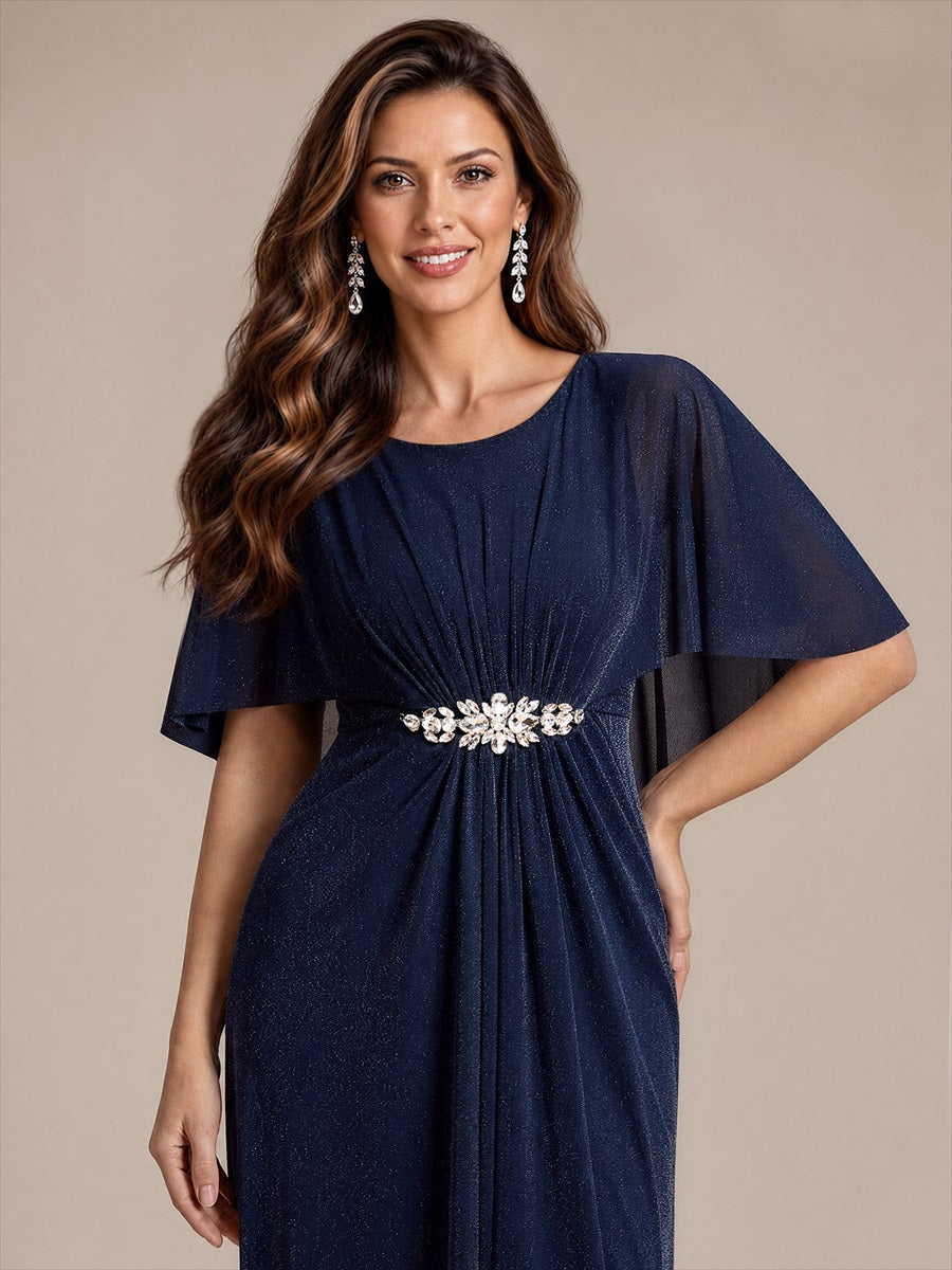 EM02876NB | Cape Sleeve Lurex Mesh A-line Floor Length Mother of the Bride Dress