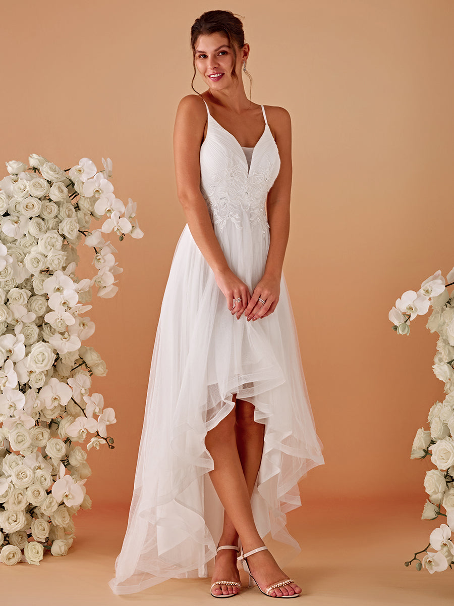 Color=White | High Low Mesh Appliques Wholesale Prom Dresses-White 11