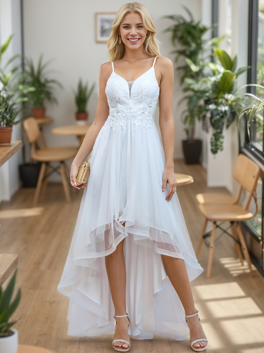 Color=White | High Low Mesh Appliques Wholesale Prom Dresses-White 7
