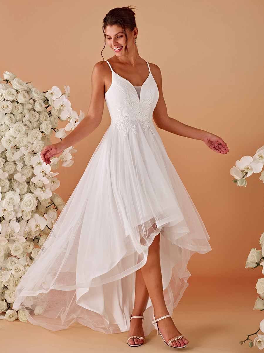 Color=White | High Low Mesh Appliques Wholesale Prom Dresses-White 8