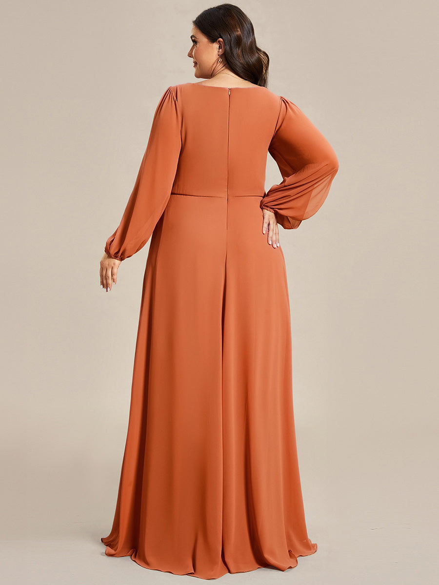 Color=Brandied Melon | B2B-Exclusive Long Sleeve Deep V-Neck A-Line Floor Length Dress with Appliques Dresses-Brandied Melon 7