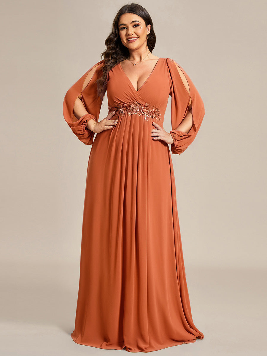 Color=Brandied Melon | B2B-Exclusive Long Sleeve Deep V-Neck A-Line Floor Length Dress with Appliques Dresses-Brandied Melon 6