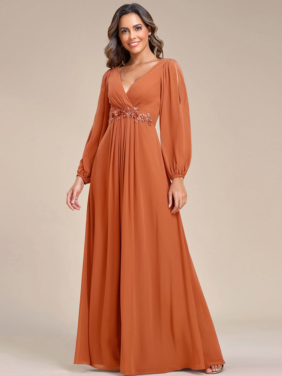 Color=Brandied Melon | B2B-Exclusive Long Sleeve Deep V-Neck A-Line Floor Length Dress with Appliques Dresses-Brandied Melon 1