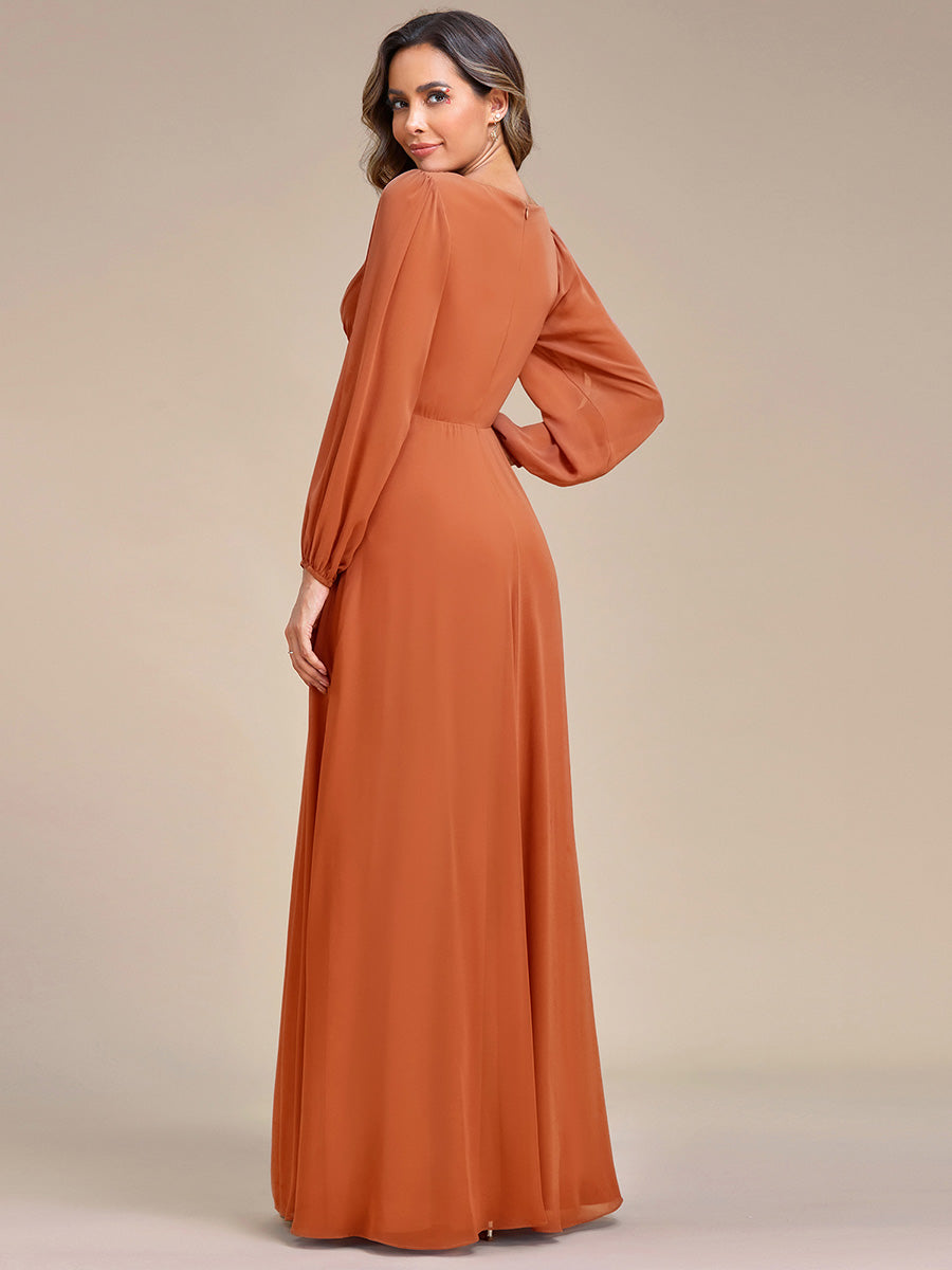 Color=Brandied Melon | B2B-Exclusive Long Sleeve Deep V-Neck A-Line Floor Length Dress with Appliques Dresses-Brandied Melon 2