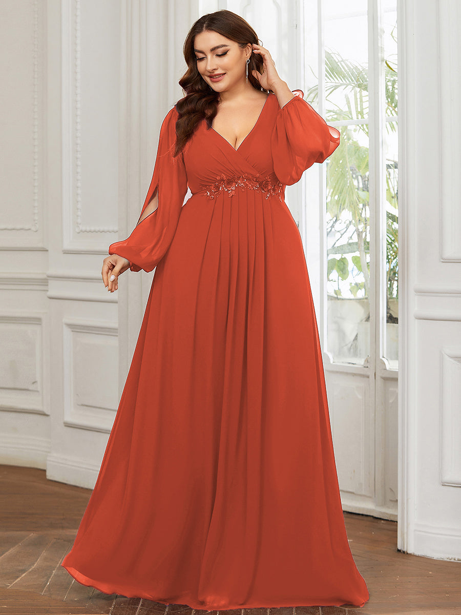 Color=Burnt Orange | Wholesale Chiffon Plus Size Evening Dresses With Long Lantern Sleeves-Burnt Orange 1