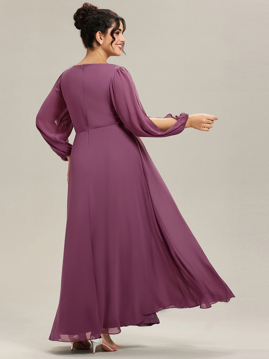 Color=Damson | B2B-Exclusive Long Sleeve Deep V-Neck A-Line Floor Length Dress with Appliques Dresses-Damson 17