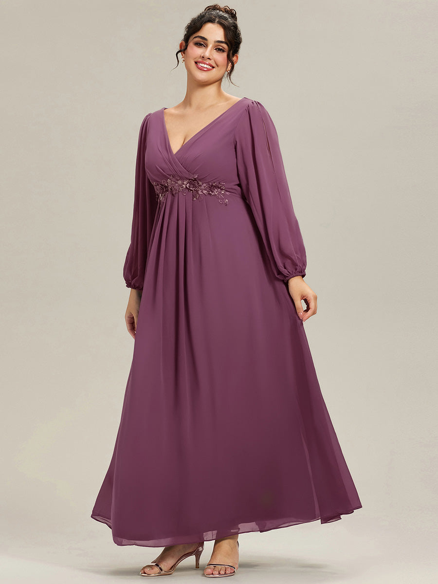 Color=Damson | B2B-Exclusive Long Sleeve Deep V-Neck A-Line Floor Length Dress with Appliques Dresses-Damson 19