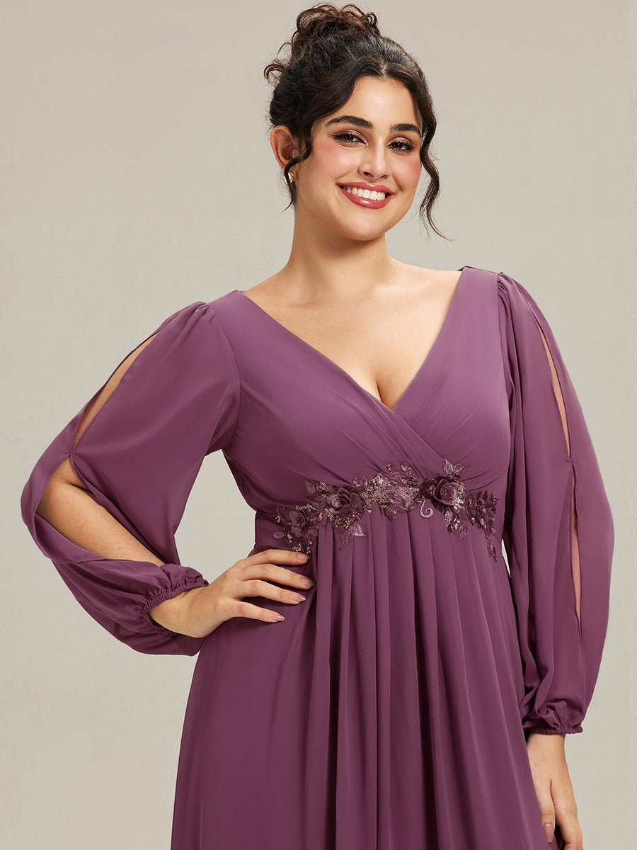 Color=Damson | B2B-Exclusive Long Sleeve Deep V-Neck A-Line Floor Length Dress with Appliques Dresses-Damson 18