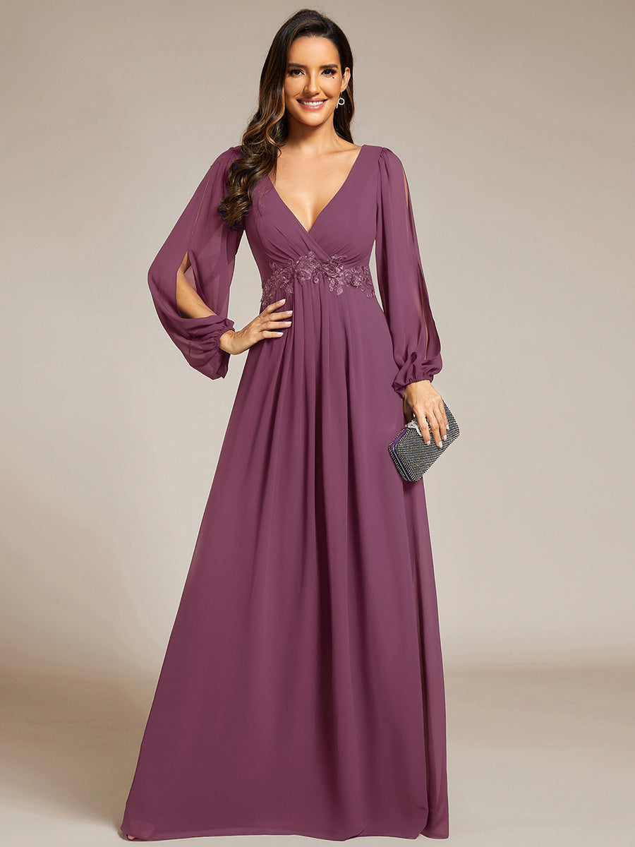 Color=Damson | B2B-Exclusive Long Sleeve Deep V-Neck A-Line Floor Length Dress with Appliques Dresses-Damson 15