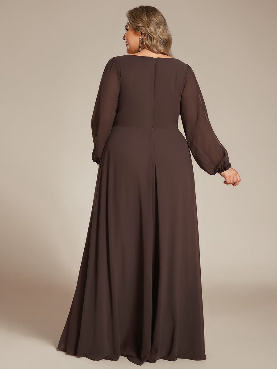 Color=Espresso | Industrial Use Long Sleeve Deep V-Neck A-Line Floor Length Appliques Dresses-Espresso 7