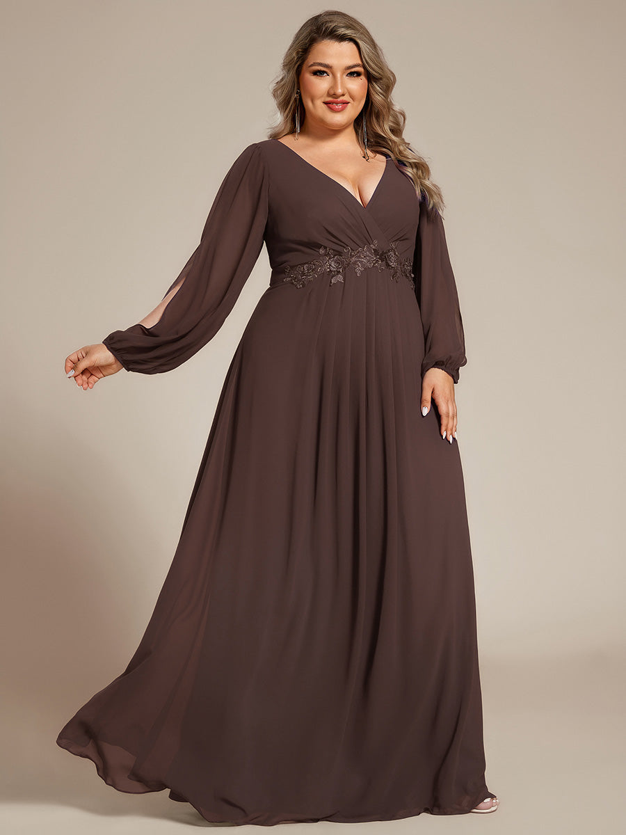 Color=Espresso | Industrial Use Long Sleeve Deep V-Neck A-Line Floor Length Appliques Dresses-Espresso 9