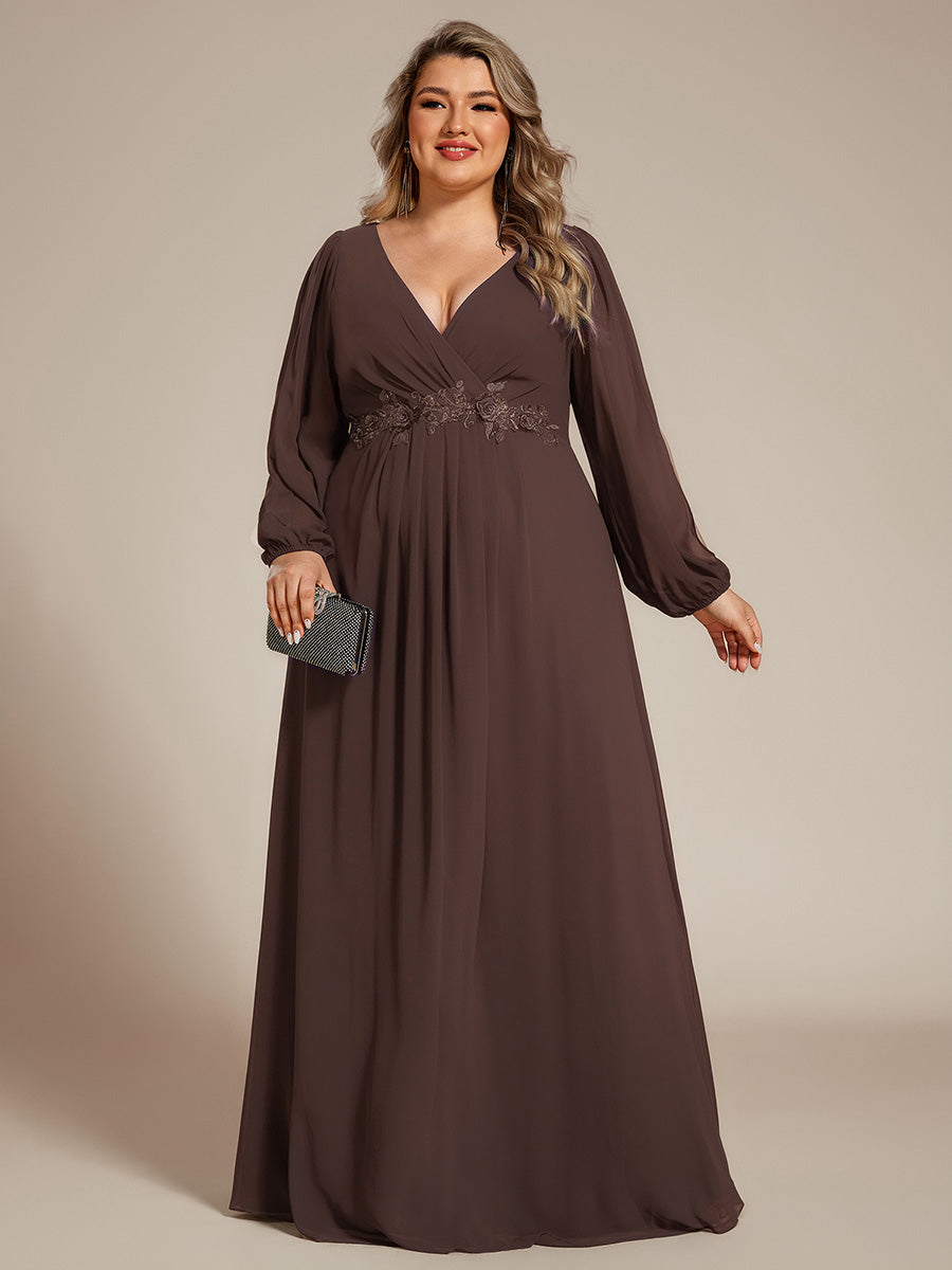 Color=Espresso | Industrial Use Long Sleeve Deep V-Neck A-Line Floor Length Appliques Dresses-Espresso 10