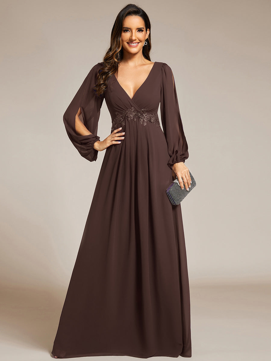 Color=Espresso | Industrial Use Long Sleeve Deep V-Neck A-Line Floor Length Appliques Dresses-Espresso 5
