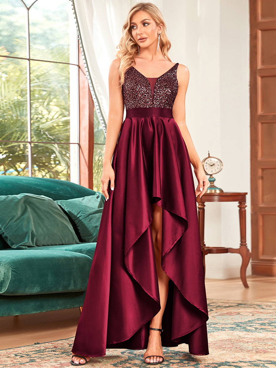 Color=Burgundy | Sexy Backless Sparkly Prom Dresses For Women With Irregular Hem- Burgundy 1