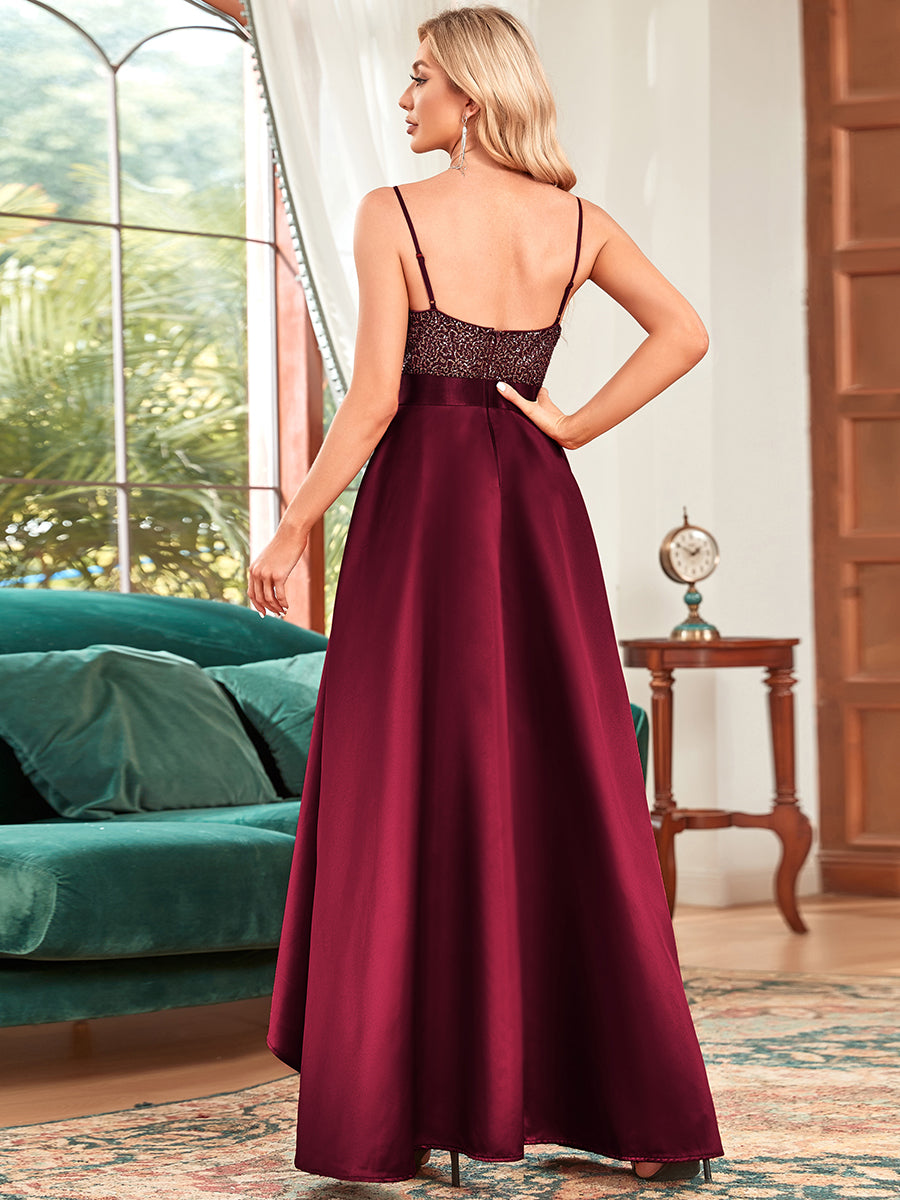 Color=Burgundy | Sexy Backless Sparkly Prom Dresses For Women With Irregular Hem- Burgundy 2
