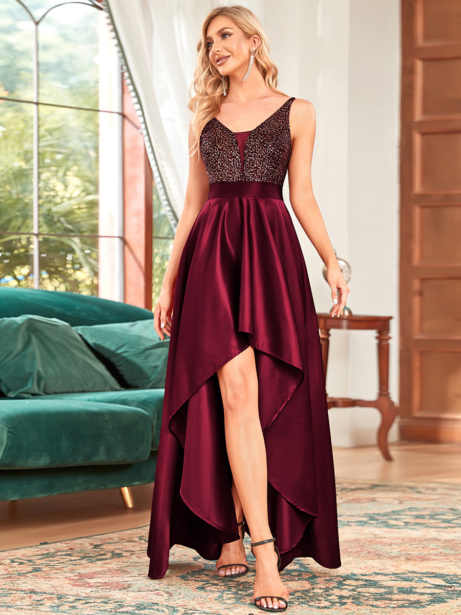 Color=Burgundy | Sexy Backless Sparkly Prom Dresses For Women With Irregular Hem- Burgundy 3