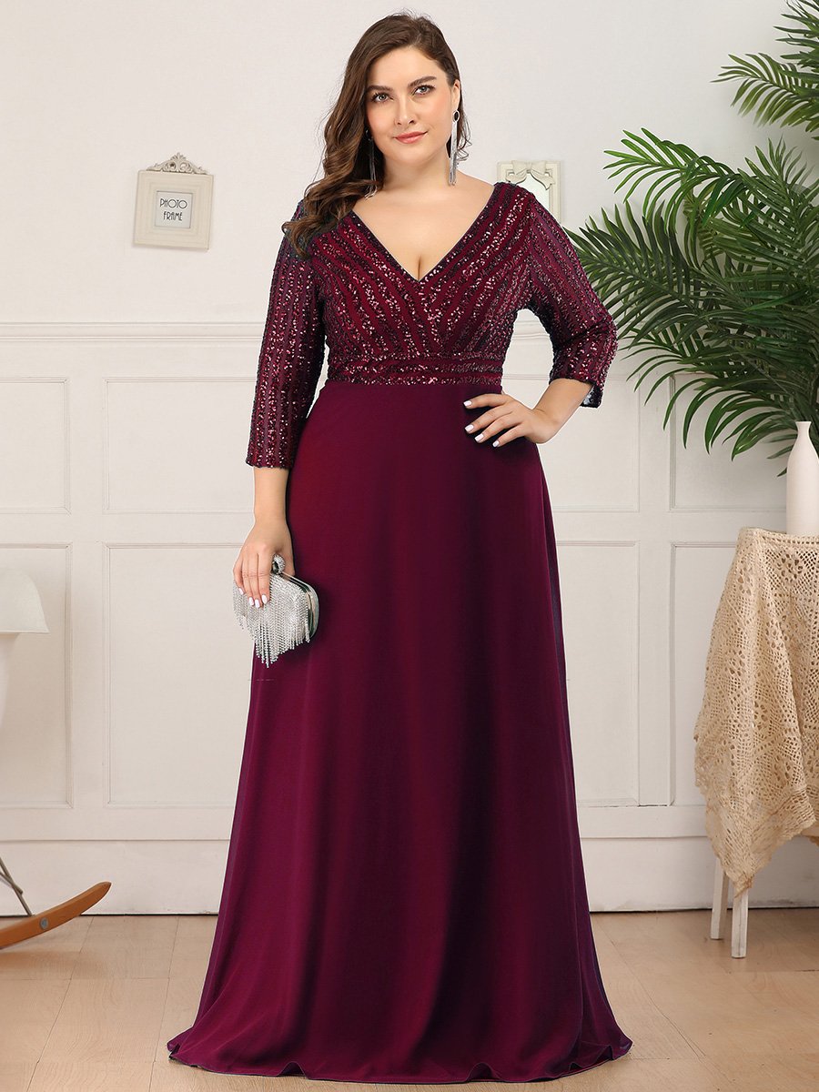 Color=Burgundy | Plus Size Sexy V Neck A-Line Sequin Evening Dress-Burgundy 4