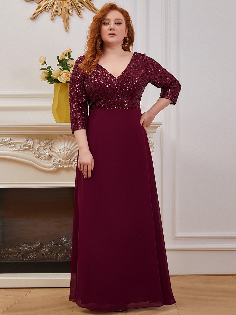 Color=Burgundy | Plus Size Sexy V Neck A-Line Sequin Evening Dress-Burgundy 1