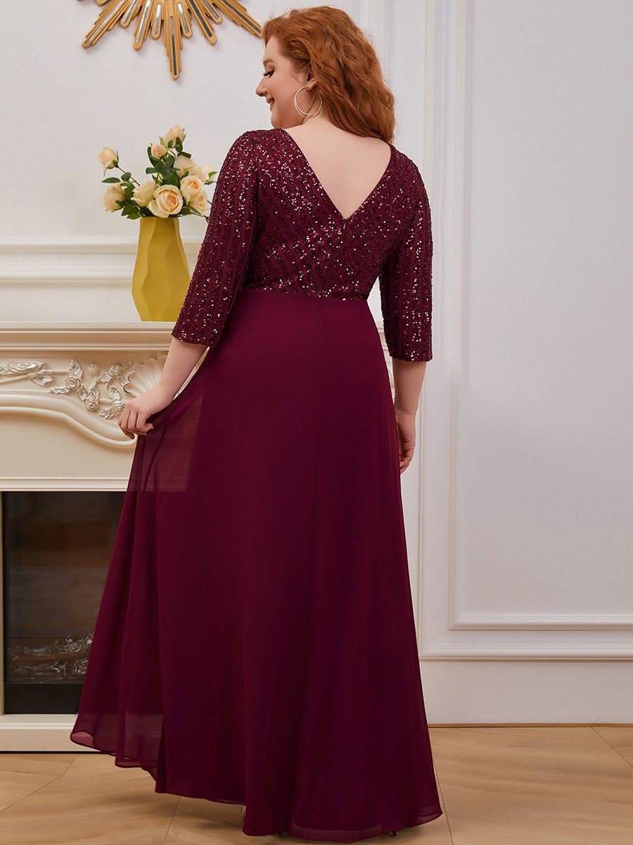 Color=Burgundy | Plus Size Sexy V Neck A-Line Sequin Evening Dress-Burgundy 2