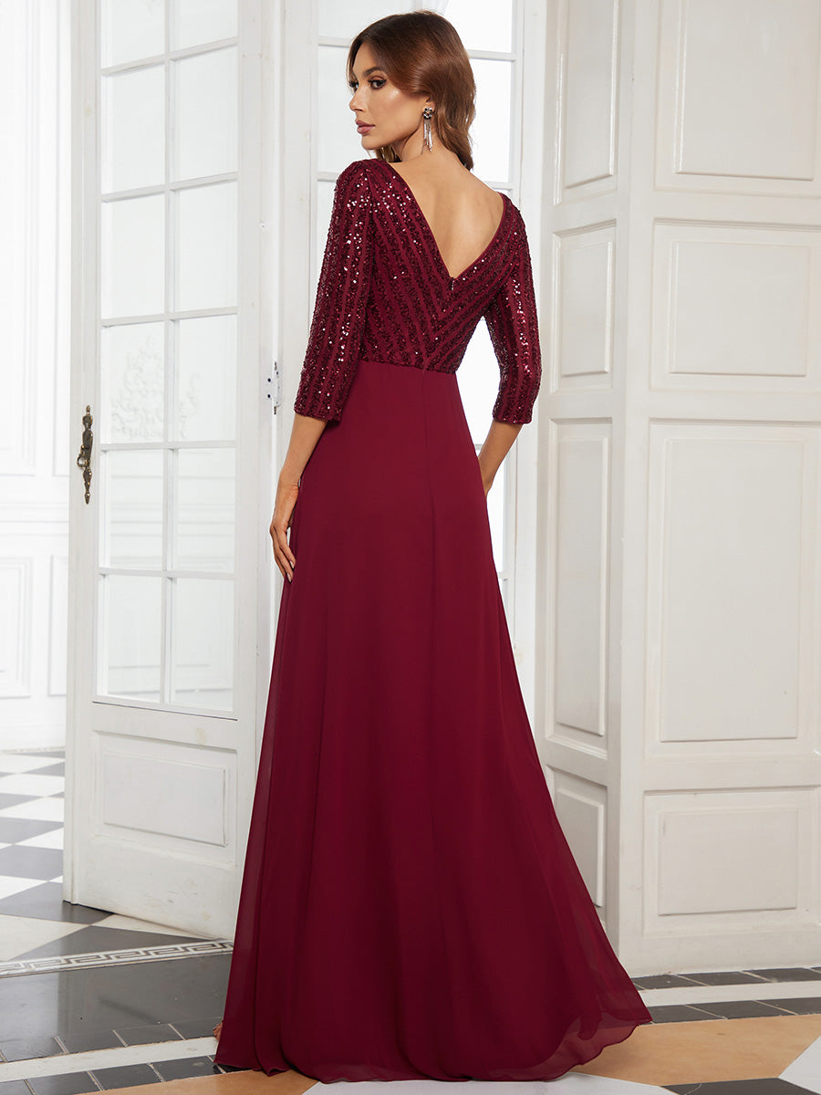 Color=Burgundy | Sexy V Neck A-Line Sequin Evening Dress-Burgundy 2