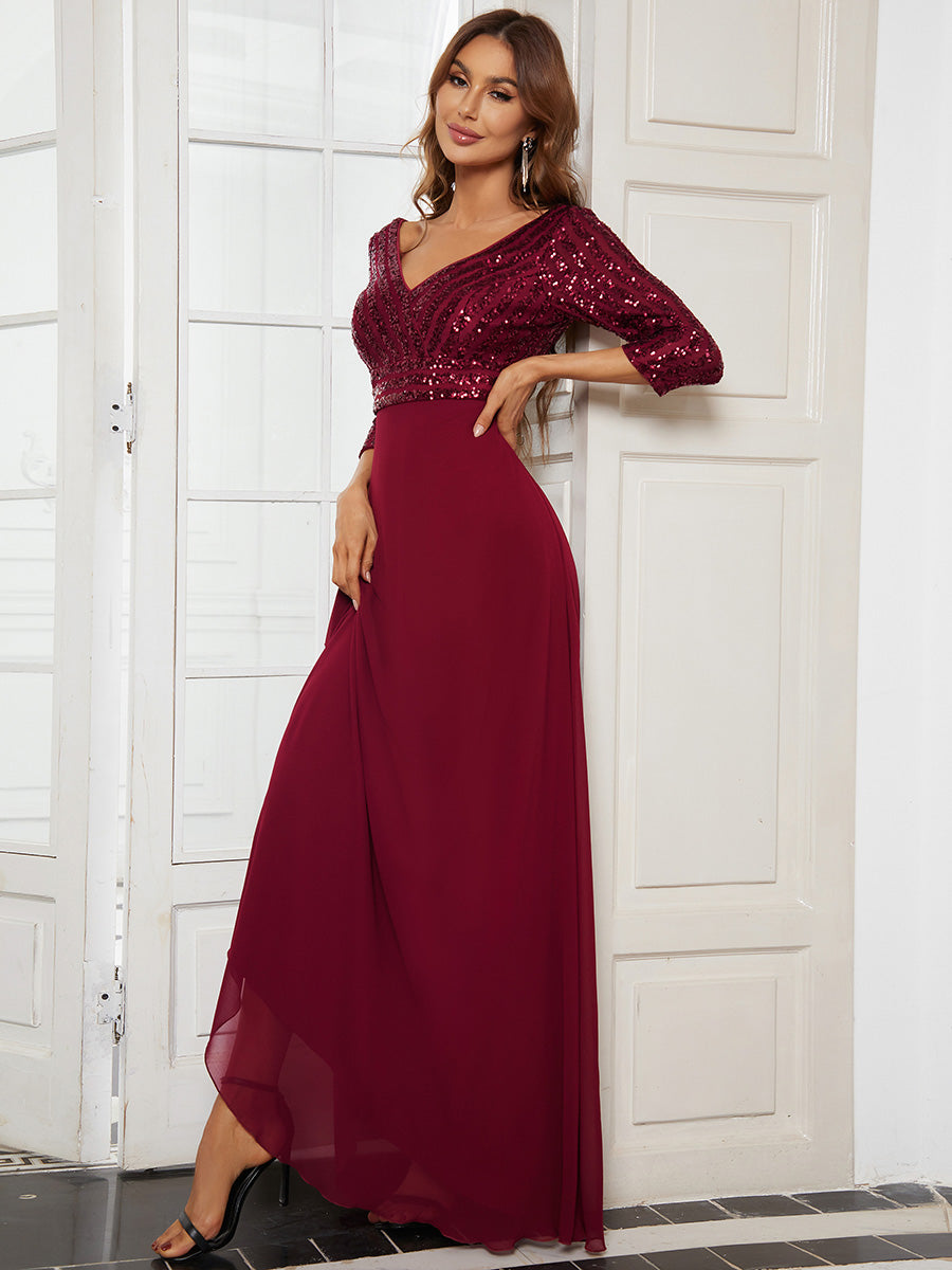 Color=Burgundy | Sexy V Neck A-Line Sequin Evening Dress-Burgundy 3