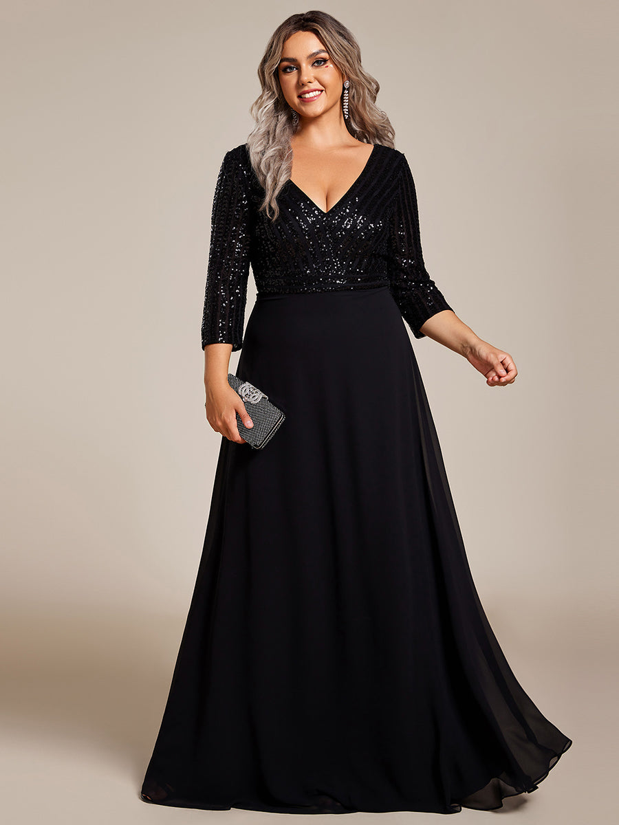 Color=Black | Plus Size Sexy V Neck A-Line Sequin Evening Dress Ep00751-Black 1