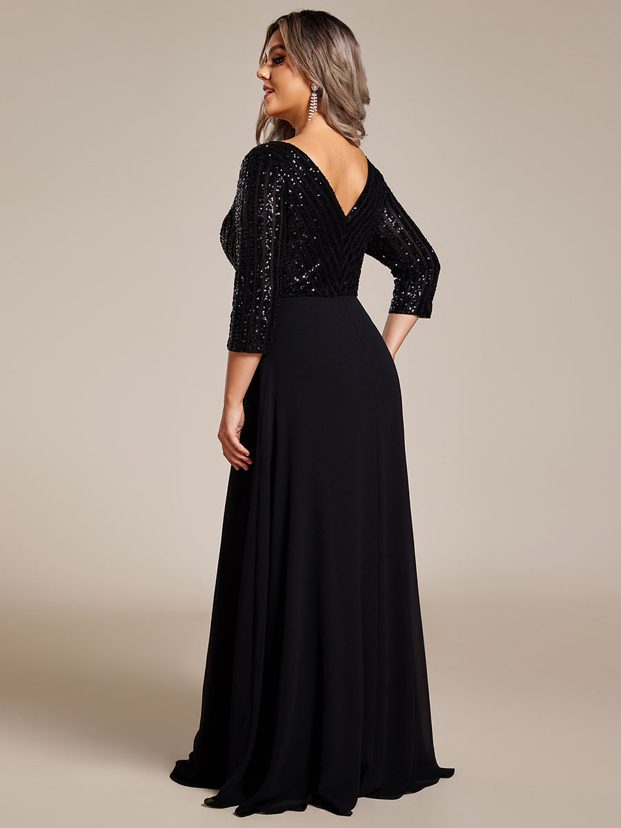 Color=Black | Plus Size Sexy V Neck A-Line Sequin Evening Dress Ep00751-Black 4