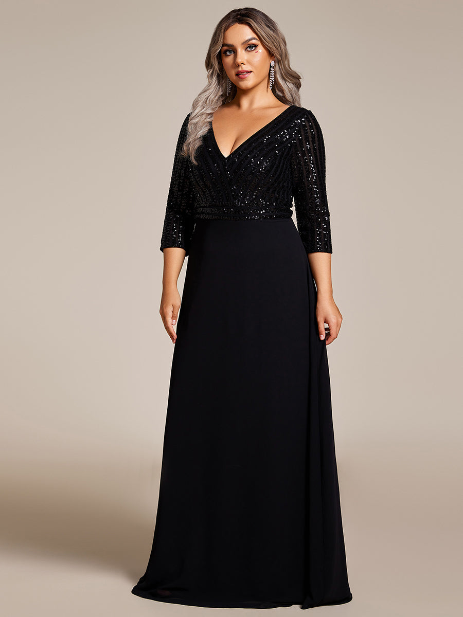 Color=Black | Plus Size Sexy V Neck A-Line Sequin Evening Dress Ep00751-Black 3