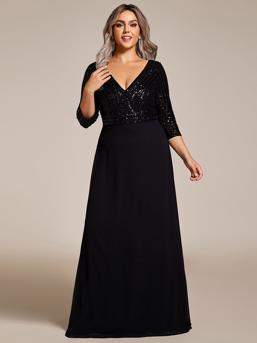 Color=Black | Plus Size Sexy V Neck A-Line Sequin Evening Dress Ep00751-Black 5