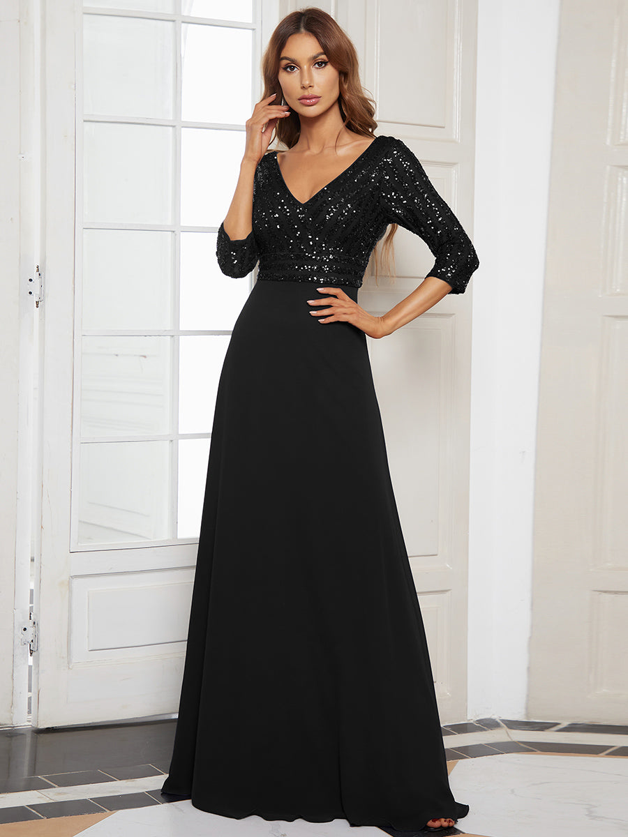 Color=Black | Sexy V Neck A-Line Sequin Evening Dress-Black 5