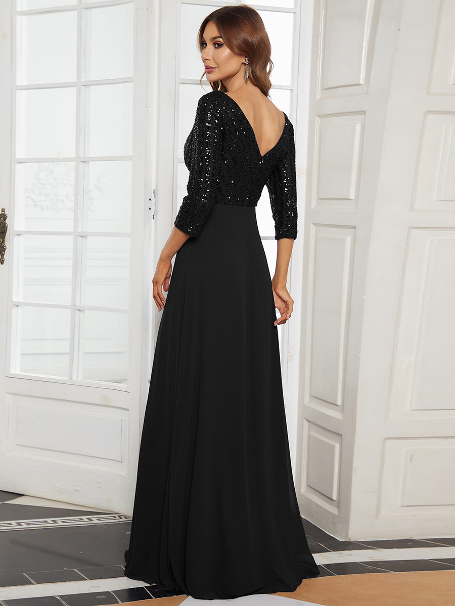 Color=Black | Sexy V Neck A-Line Sequin Evening Dress-Black 4