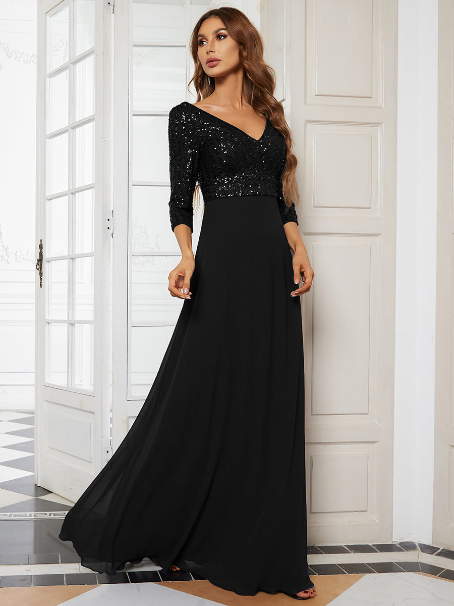 Color=Black | Sexy V Neck A-Line Sequin Evening Dress-Black 3