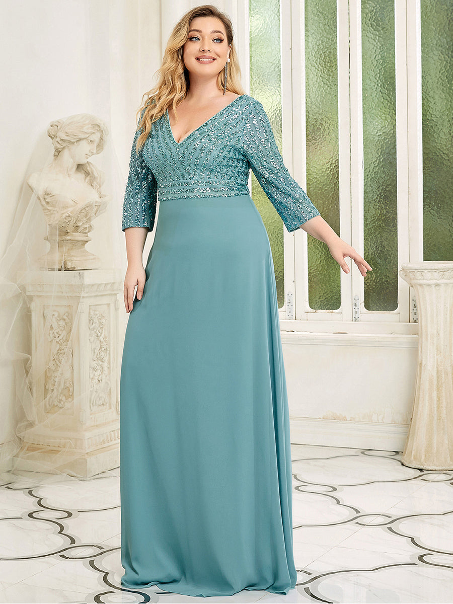 Color=Dusty blue | Plus Size Sexy V Neck A-Line Sequin Evening Dress-Dusty blue 4