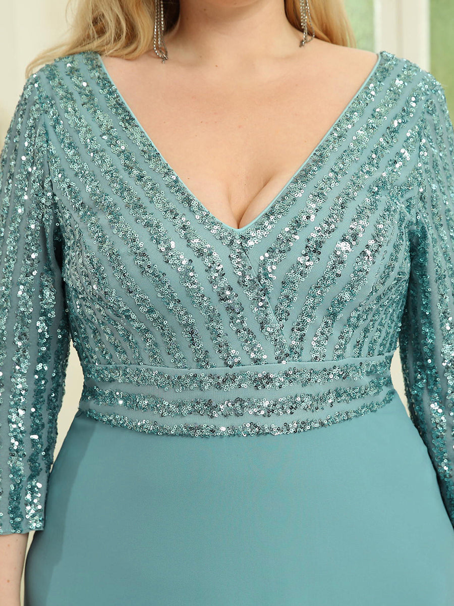 Color=Dusty blue | Plus Size Sexy V Neck A-Line Sequin Evening Dress-Dusty blue 5