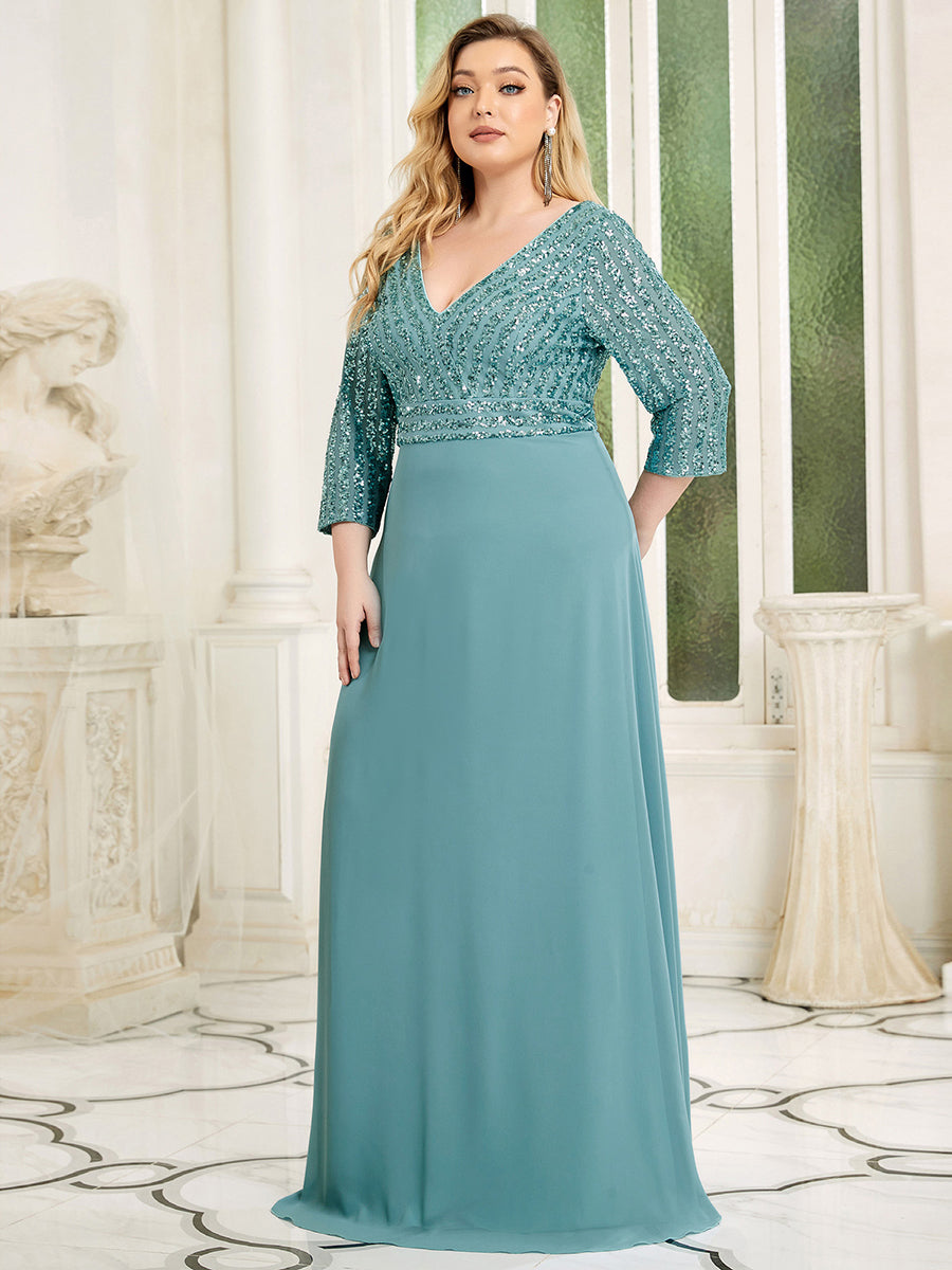 Color=Dusty blue | Plus Size Sexy V Neck A-Line Sequin Evening Dress-Dusty blue 1