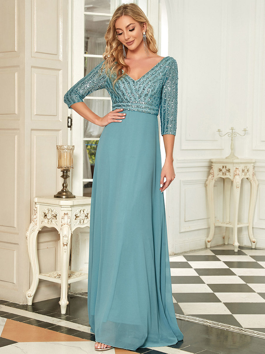 Color=Dusty blue | Sexy V Neck A-Line Sequin Evening Dress-Dusty blue 4