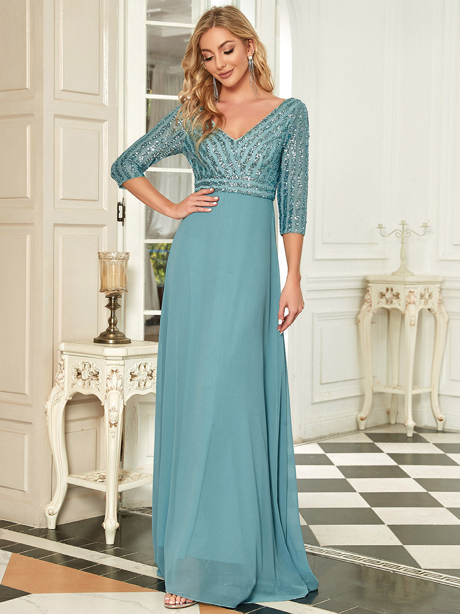 Color=Dusty blue | Sexy V Neck A-Line Sequin Evening Dress-Dusty blue 3