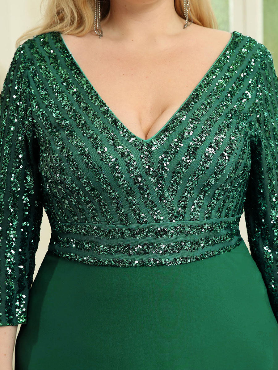 Color=Dark Green | Plus Size Sexy V Neck A-Line Sequin Evening Dress Ep00751-Dark Green 5