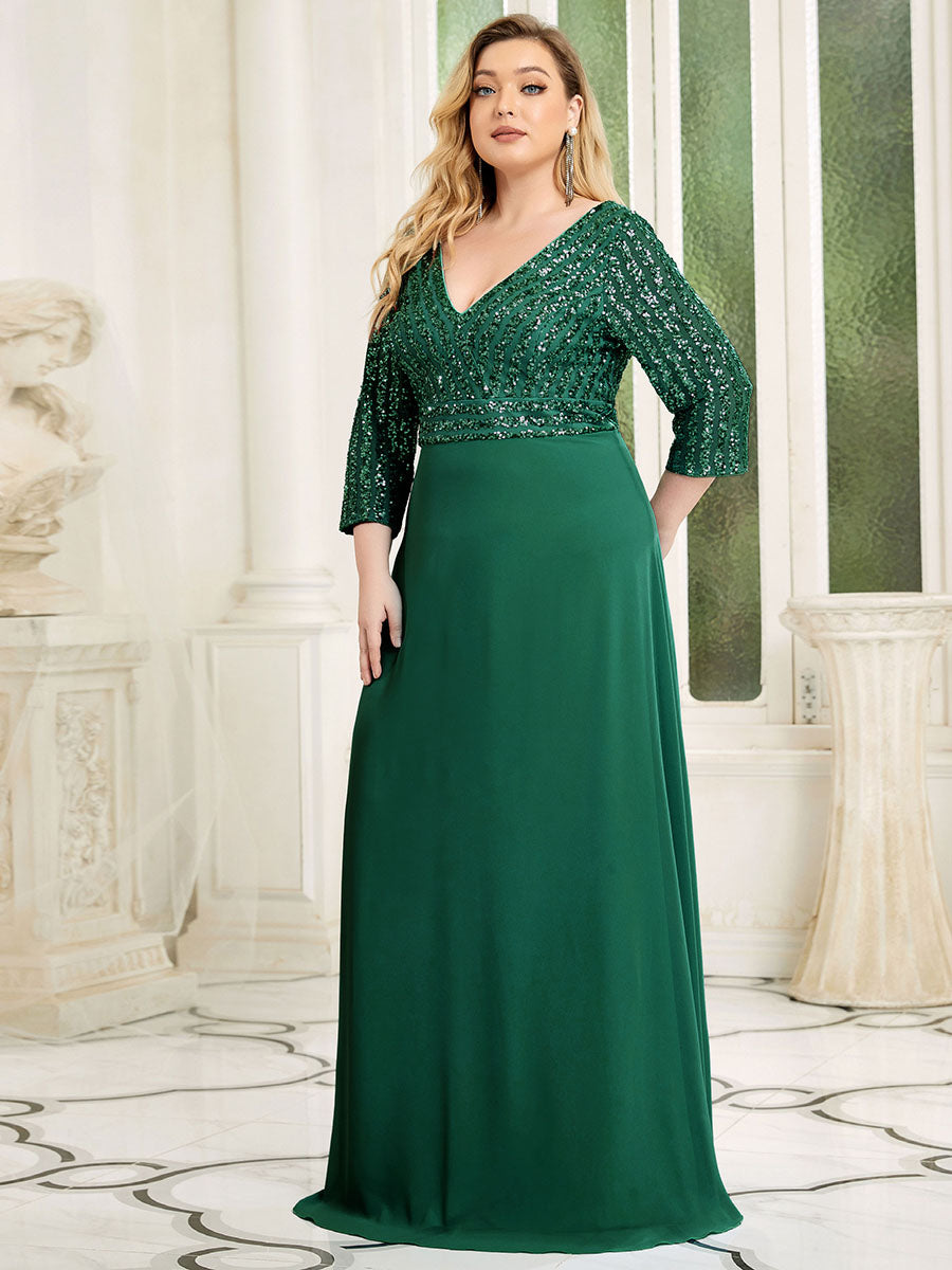 Color=Dark Green | Plus Size Sexy V Neck A-Line Sequin Evening Dress Ep00751-Dark Green 1