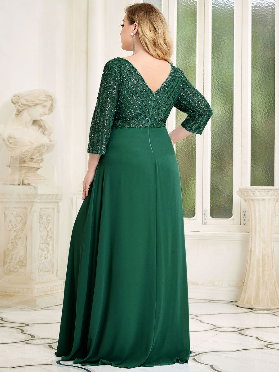 Color=Dark Green | Plus Size Sexy V Neck A-Line Sequin Evening Dress Ep00751-Dark Green 2