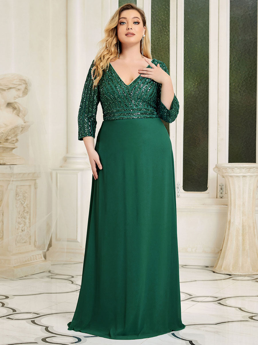 Color=Dark Green | Plus Size Sexy V Neck A-Line Sequin Evening Dress Ep00751-Dark Green 3