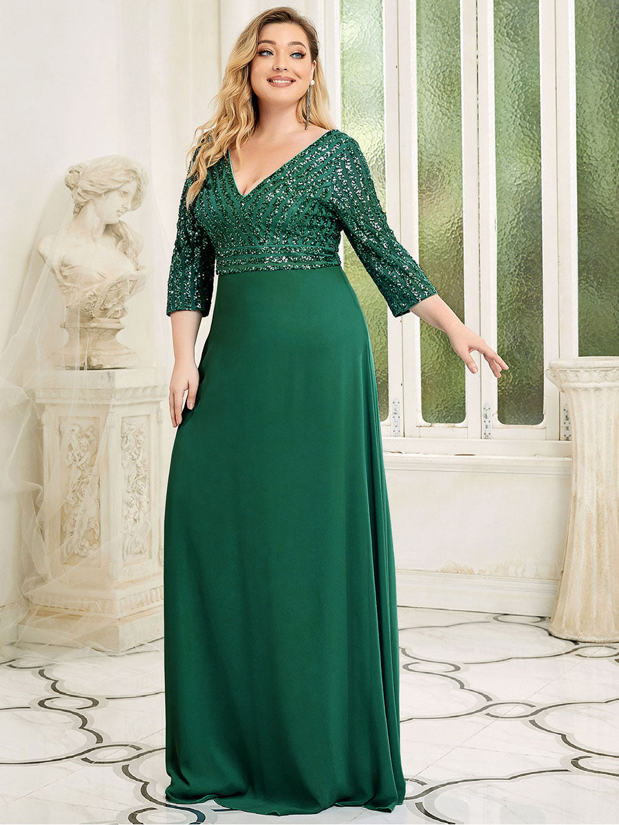 Color=Dark Green | Plus Size Sexy V Neck A-Line Sequin Evening Dress Ep00751-Dark Green 4